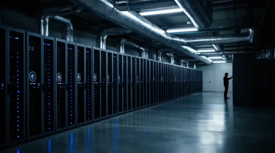 High-tech data center infrastructure with GPU racks and cooling systems for AI processing