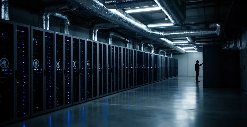 High-tech data center infrastructure with GPU racks and cooling systems for AI processing