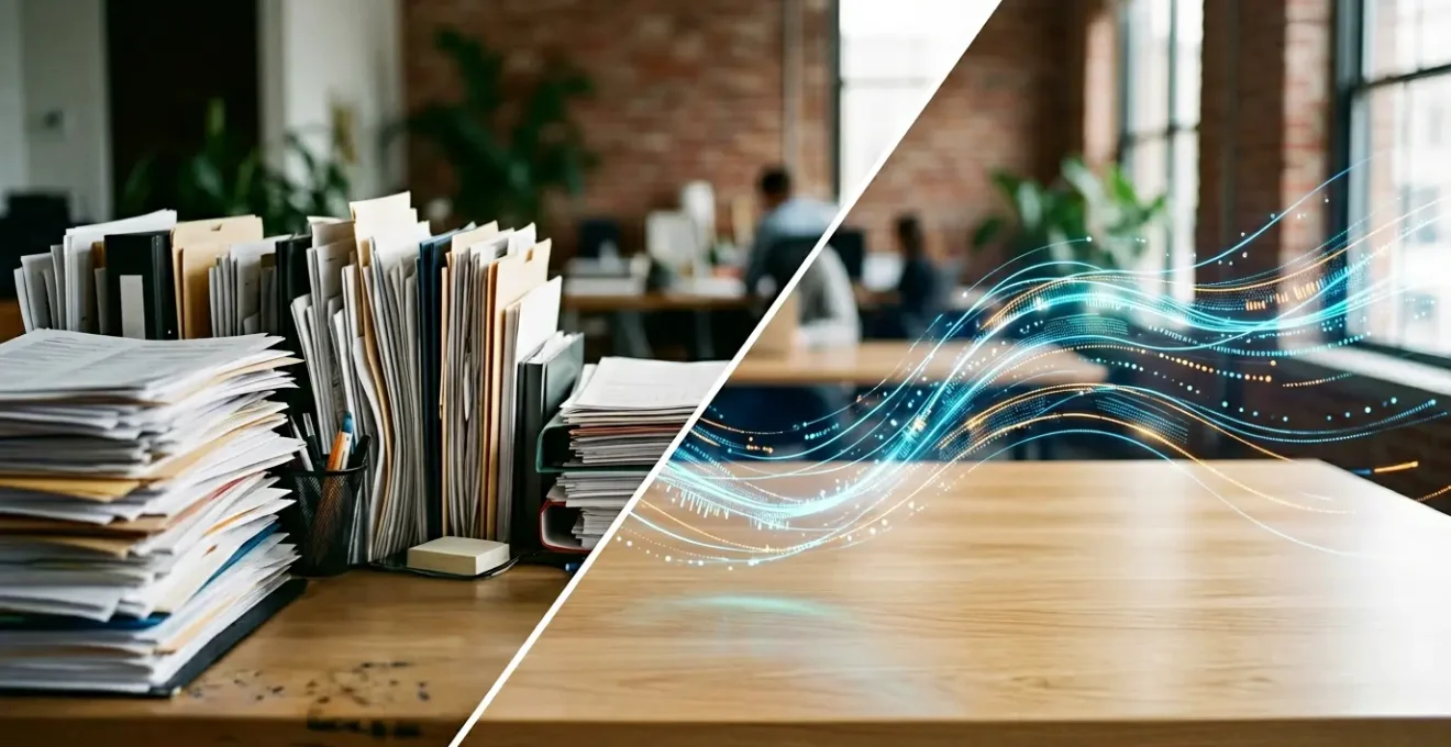Professional workspace showing transformation from manual to automated workflows with abstract data streams