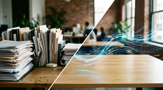 Professional workspace showing transformation from manual to automated workflows with abstract data streams