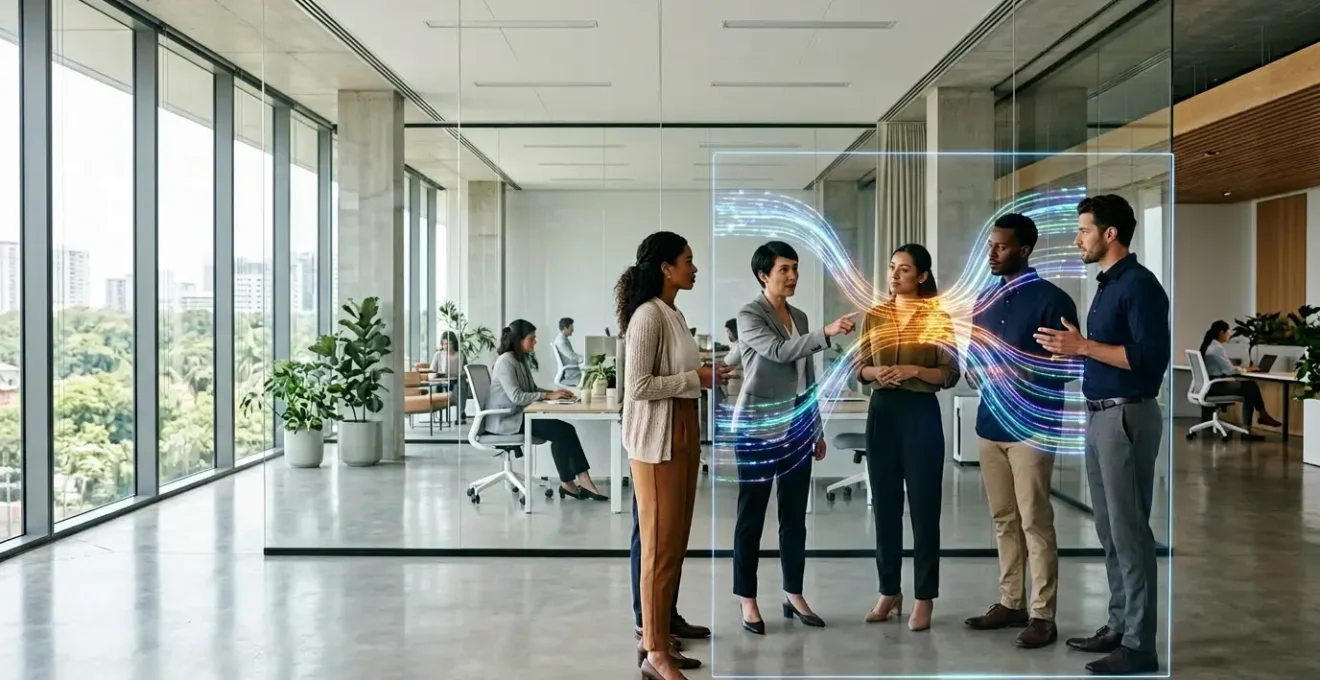 Professional team analyzing workflow bottlenecks on digital boards in modern office