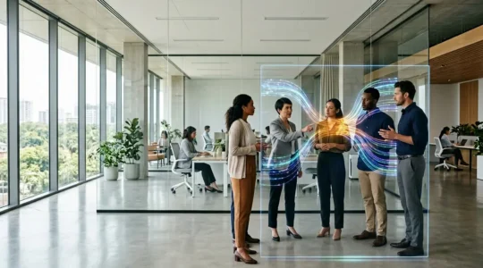 Professional team analyzing workflow bottlenecks on digital boards in modern office