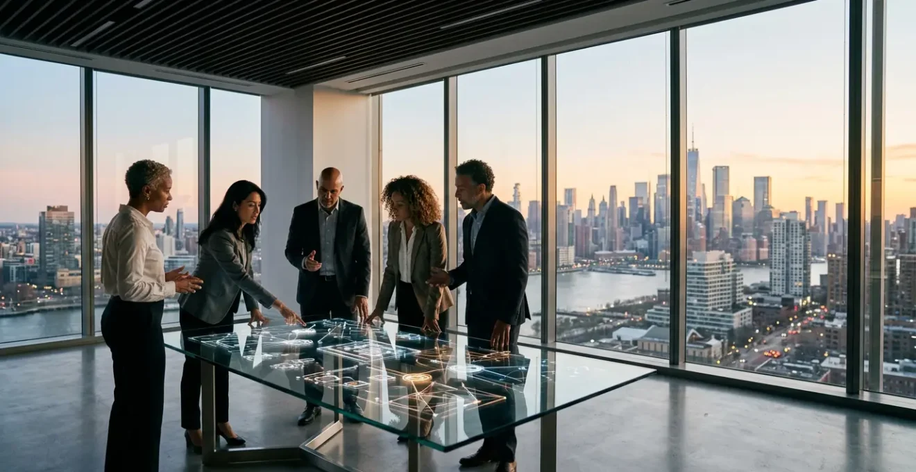 Executive team examining strategic IT governance framework visualization in corporate boardroom
