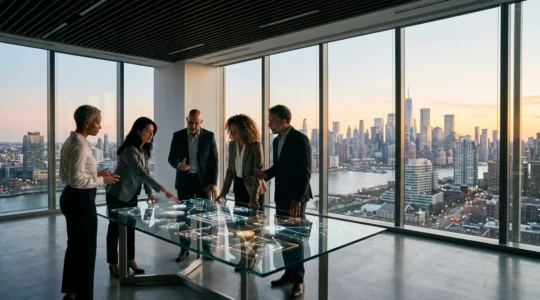 Executive team examining strategic IT governance framework visualization in corporate boardroom