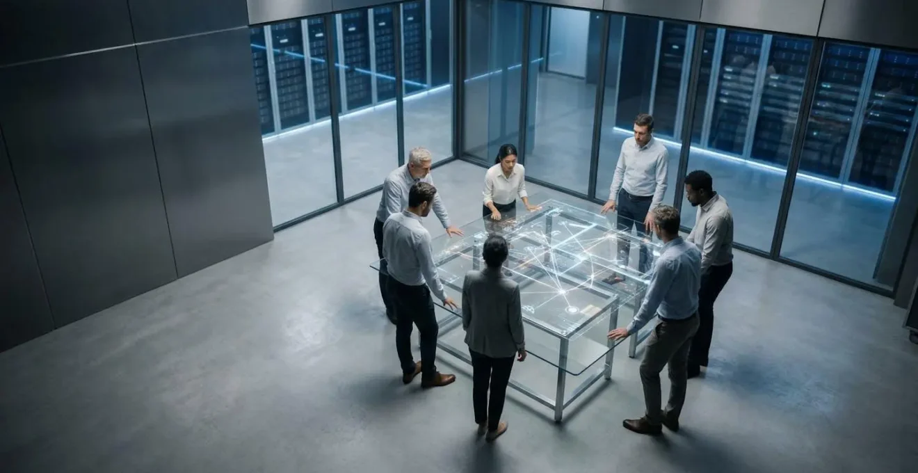 Strategic overview of data center migration planning with teams collaborating