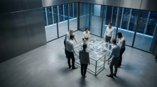 Strategic overview of data center migration planning with teams collaborating