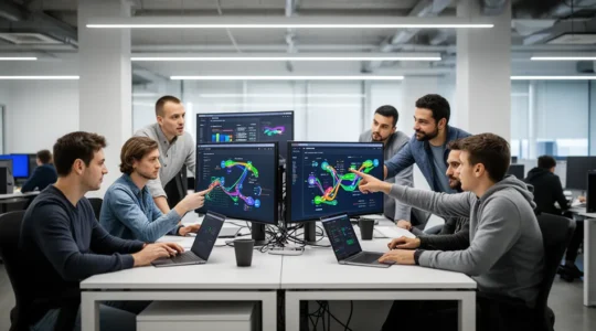 DevOps team analyzing CI/CD pipeline metrics on multiple screens showing deployment automation workflow