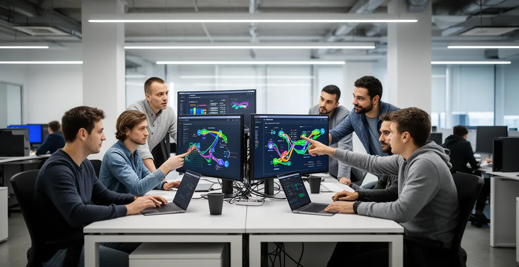 DevOps team analyzing CI/CD pipeline metrics on multiple screens showing deployment automation workflow