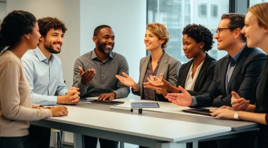 DevOps team members collaborating constructively around digital systems in modern workspace