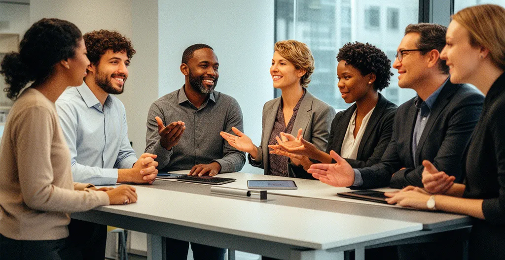 DevOps team members collaborating constructively around digital systems in modern workspace