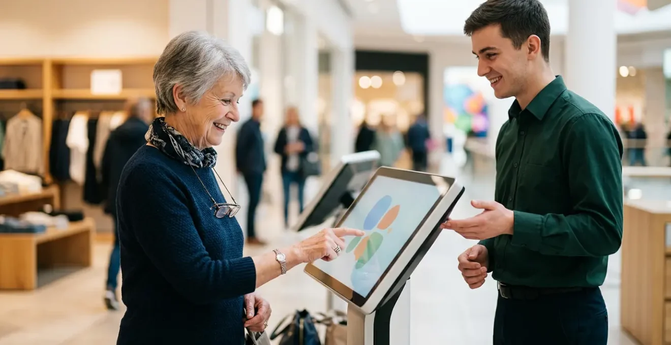 Senior citizen receiving helpful guidance while using digital kiosk in retail environment