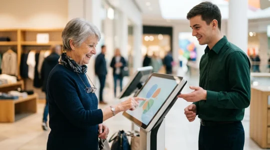 Senior citizen receiving helpful guidance while using digital kiosk in retail environment