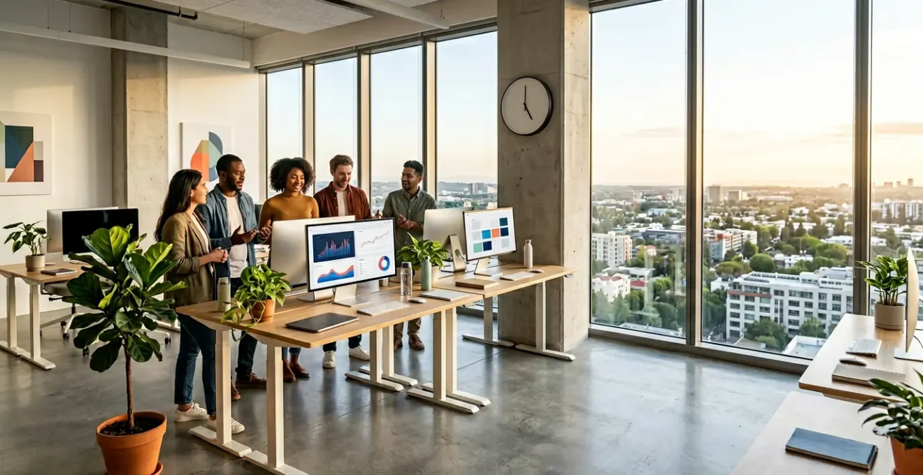 Engineering team collaborating in balanced workspace with visual metaphors for sustainable workload management