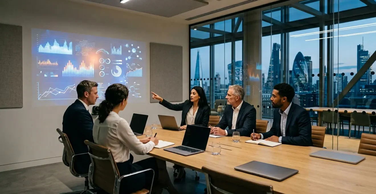 UK financial teams collaborating on multi-entity consolidation dashboards in modern London office