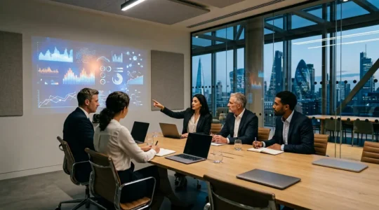 UK financial teams collaborating on multi-entity consolidation dashboards in modern London office