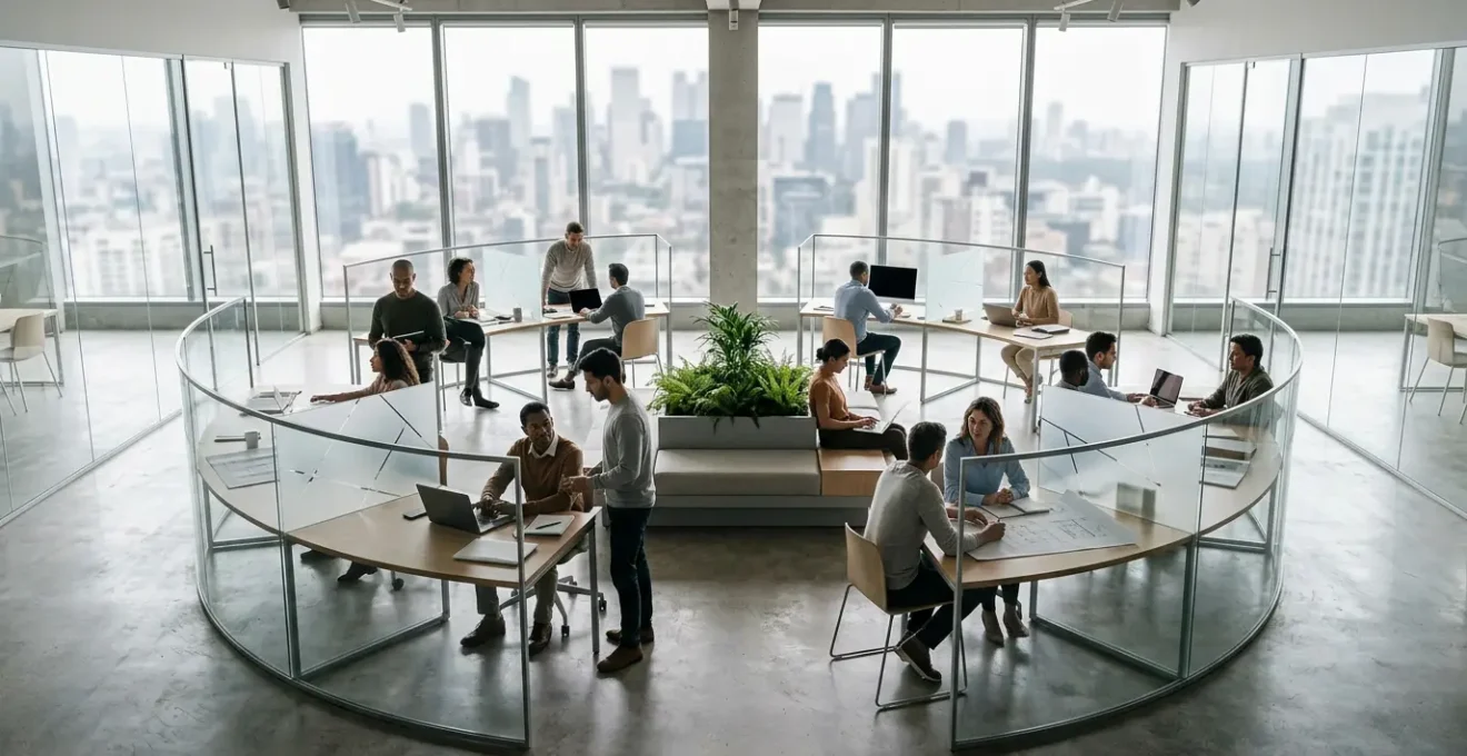 A wide-angle view of an open office space with interconnected transparent glass workstations showing collaborative teams working together