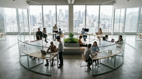 A wide-angle view of an open office space with interconnected transparent glass workstations showing collaborative teams working together