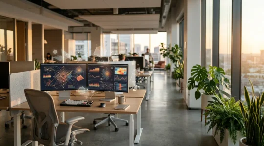 Modern office environment showing multiple computer screens with disconnected applications creating visible workflow gaps
