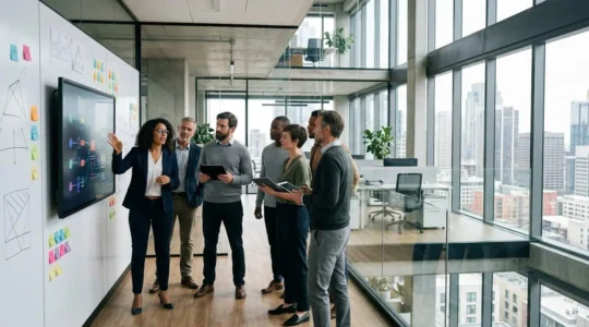 IT professionals collaborating on hybrid project management framework implementation
