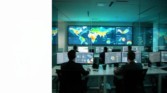 Security operations center with professionals monitoring cyber threat detection systems and security compliance dashboards