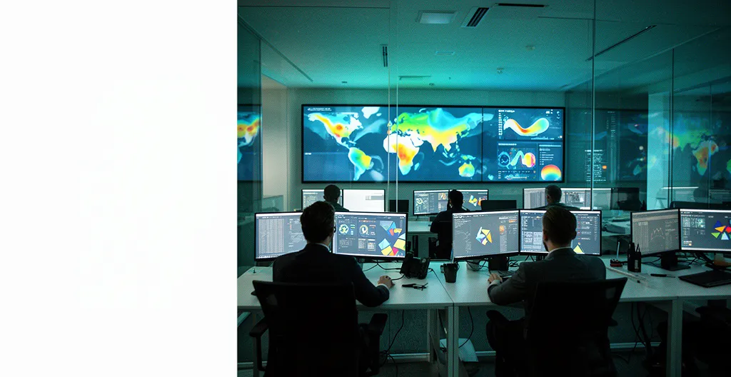 Security operations center with professionals monitoring cyber threat detection systems and security compliance dashboards