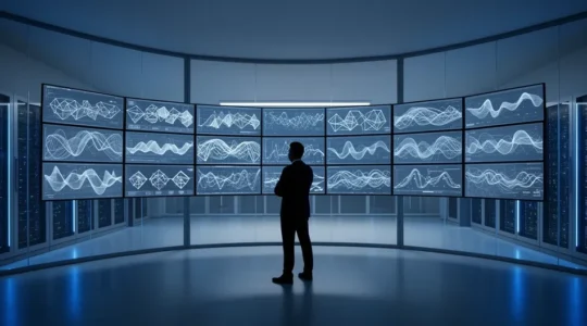 IT engineer analyzing configuration drift patterns on monitoring screens