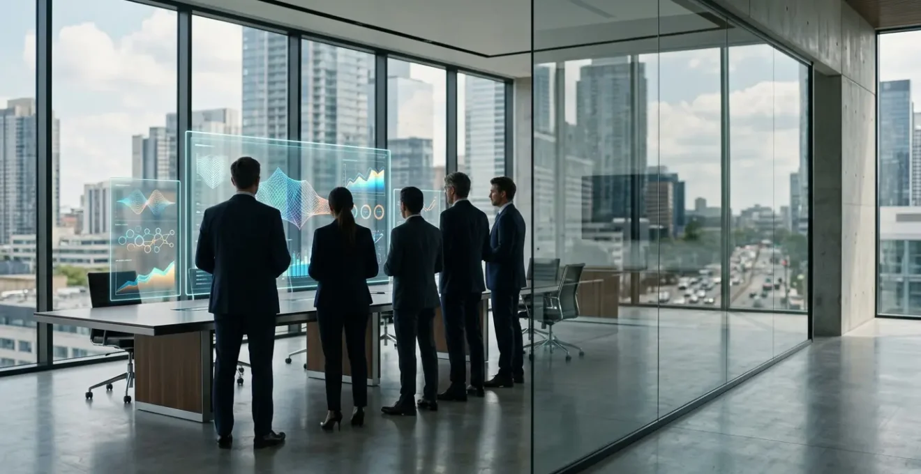 Executive business leaders analyzing IT performance metrics on glass dashboard displays in modern boardroom