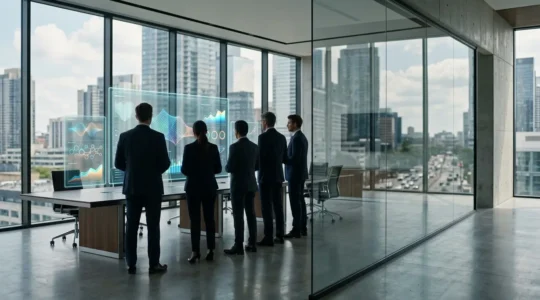 Executive business leaders analyzing IT performance metrics on glass dashboard displays in modern boardroom