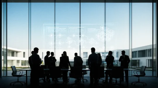 IT executives analyzing flexible architecture diagrams in modern office during strategic planning session