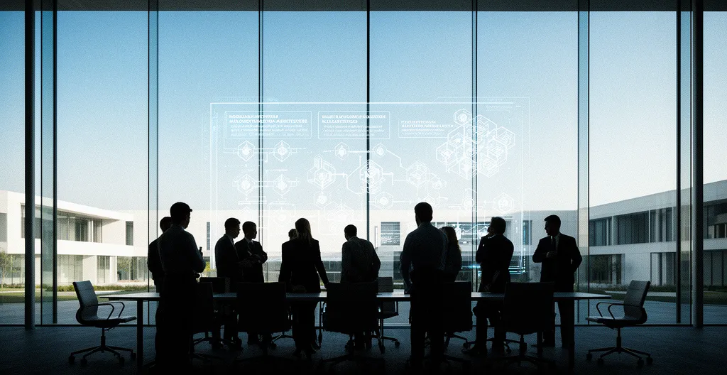 IT executives analyzing flexible architecture diagrams in modern office during strategic planning session