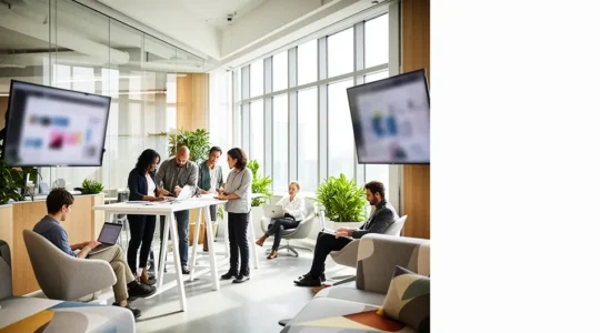 Modern professionals collaborating in a flexible workspace with both in-person and remote participants seamlessly integrated