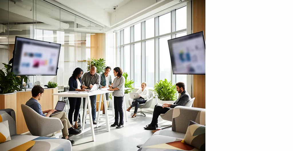 Modern professionals collaborating in a flexible workspace with both in-person and remote participants seamlessly integrated