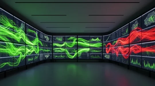 Network operations center with multiple monitoring screens showing traffic flow analysis and anomaly detection visualizations