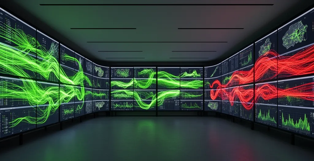 Network operations center with multiple monitoring screens showing traffic flow analysis and anomaly detection visualizations