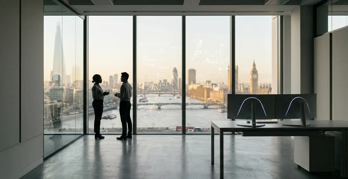 Data analysts examining UK consumer behavior patterns on multiple screens in modern London office