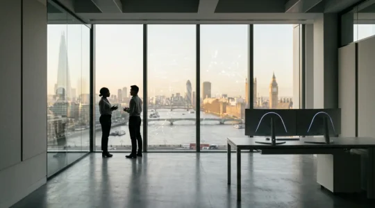 Data analysts examining UK consumer behavior patterns on multiple screens in modern London office