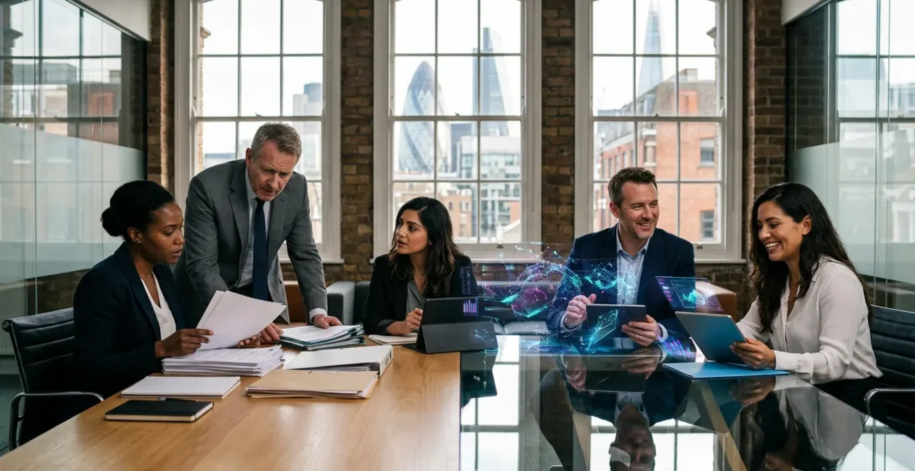 Traditional UK industry executives examining digital transformation strategies in modern office setting