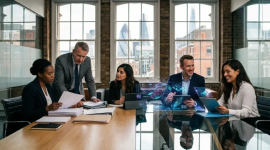 Traditional UK industry executives examining digital transformation strategies in modern office setting