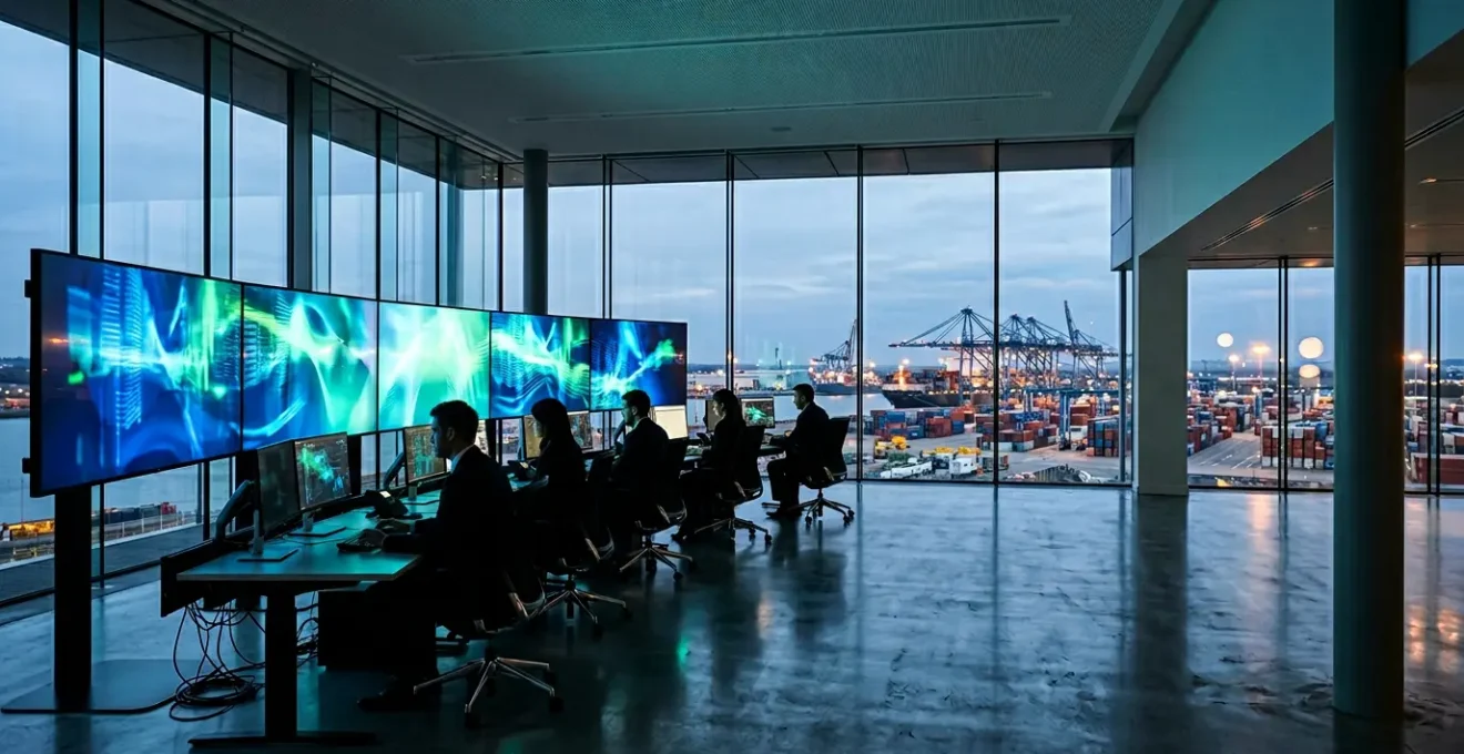 Modern logistics control center with real-time monitoring displays showing UK supply chain networks