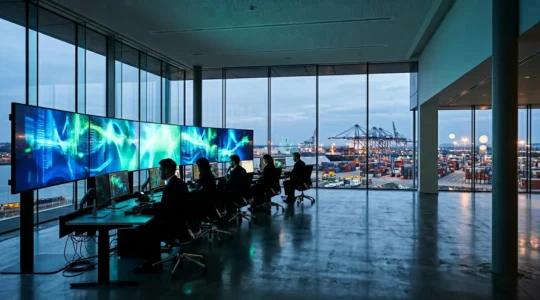 Modern logistics control center with real-time monitoring displays showing UK supply chain networks