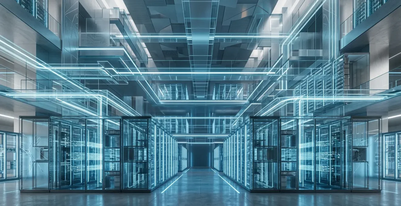 Modern cloud infrastructure architecture with interconnected server nodes showing scalability patterns