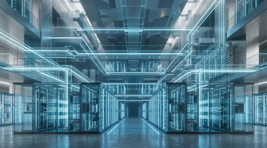 Modern cloud infrastructure architecture with interconnected server nodes showing scalability patterns