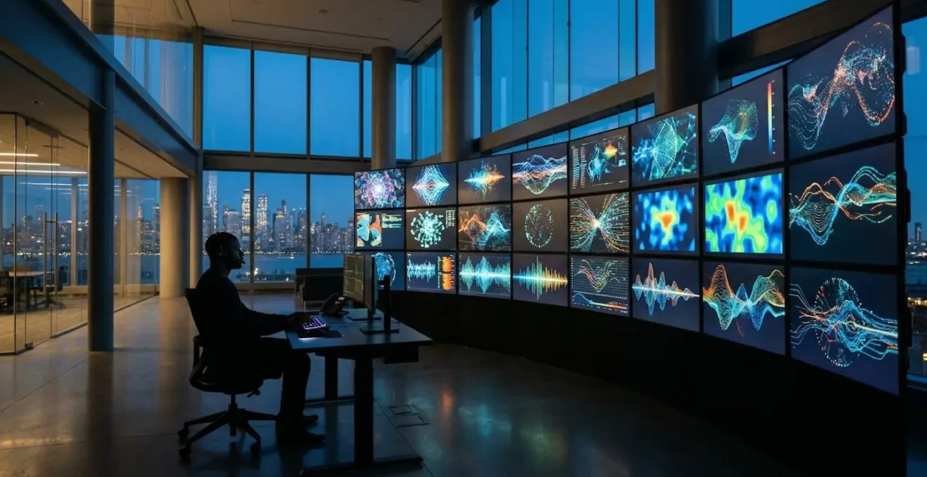 Security analyst monitoring SIEM dashboard in modern control room with multiple screens