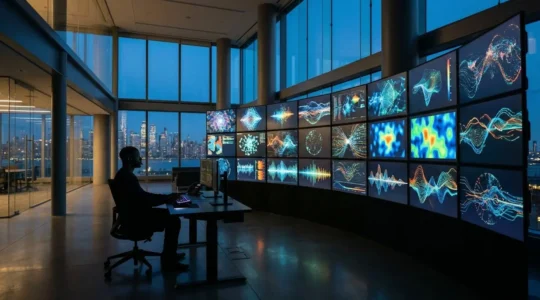 Security analyst monitoring SIEM dashboard in modern control room with multiple screens