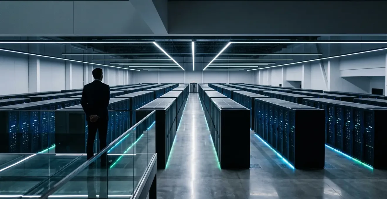 Executive looking at unified data visualization with multiple streams converging into central database hub