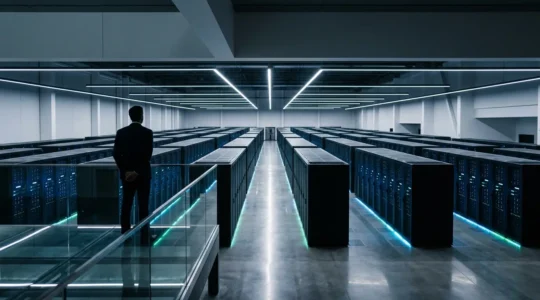Executive looking at unified data visualization with multiple streams converging into central database hub
