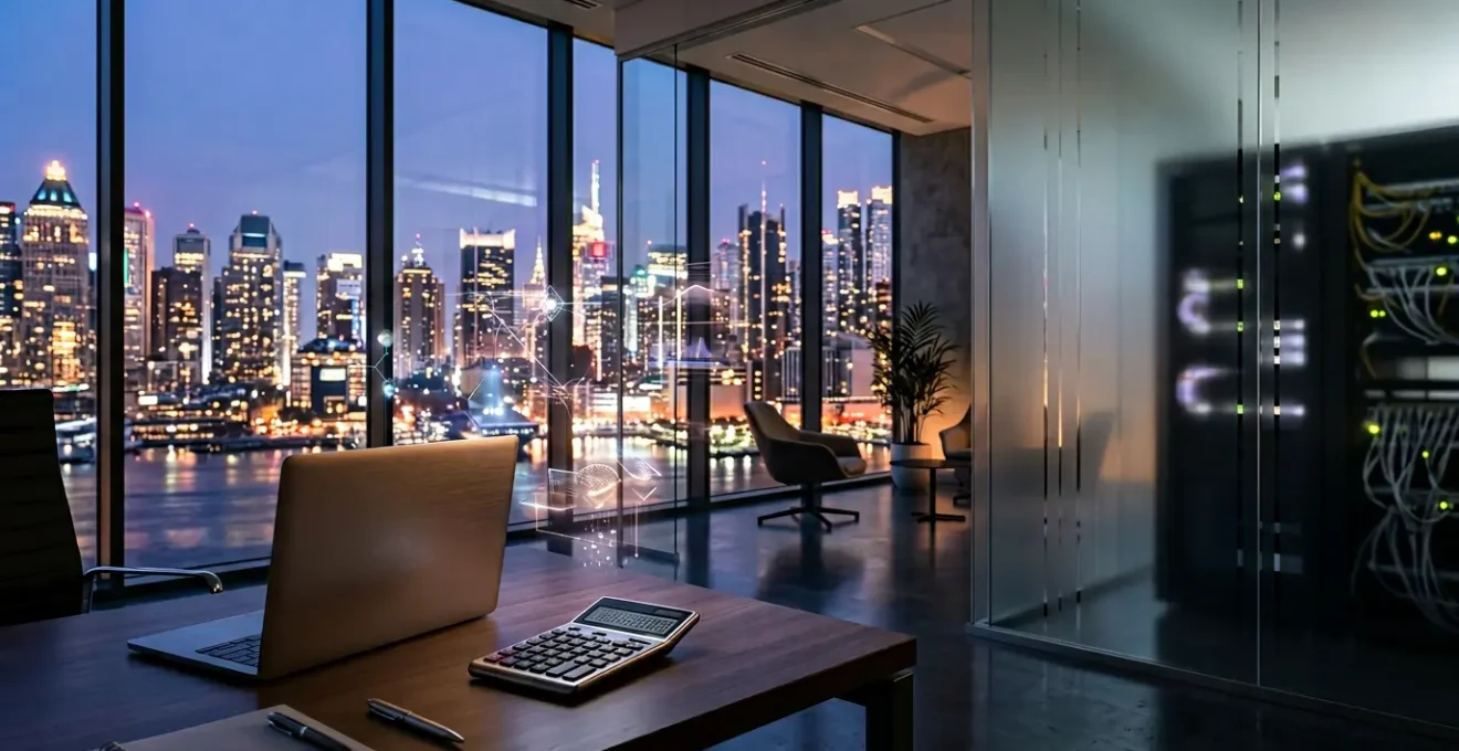 Modern office environment showcasing financial technology cost optimization through automated systems