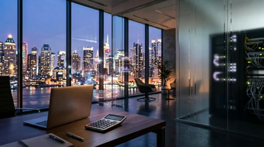 Modern office environment showcasing financial technology cost optimization through automated systems