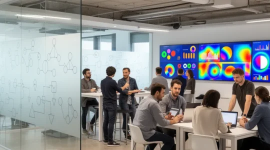 Modern DevOps teams collaborating around multiple deployment pipelines with visual flow metrics and automated quality gates