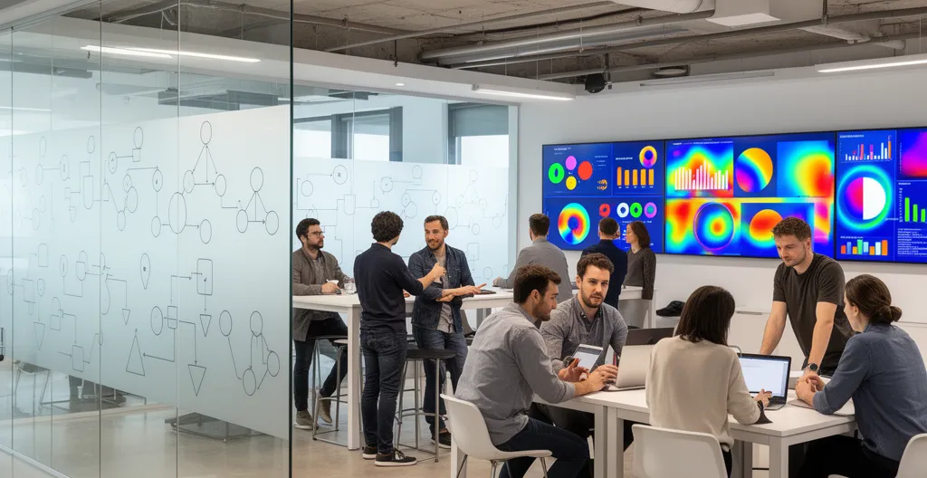 Modern DevOps teams collaborating around multiple deployment pipelines with visual flow metrics and automated quality gates